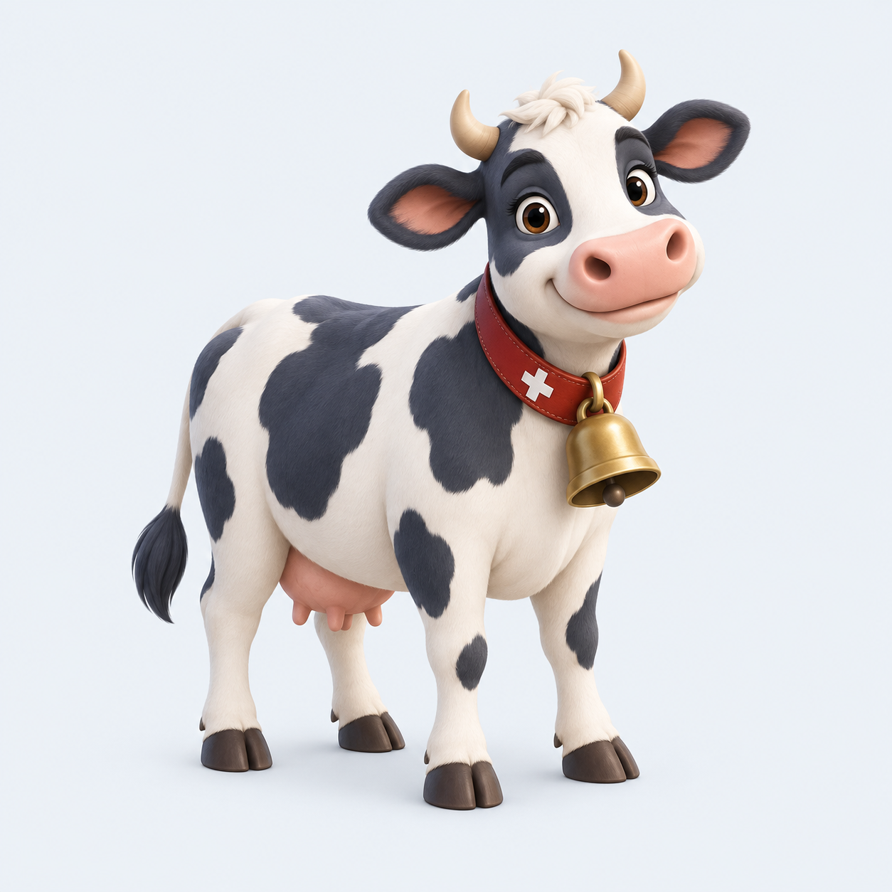 A friendly Swiss cow wearing a red collar with a white Swiss cross and a brass cowbell